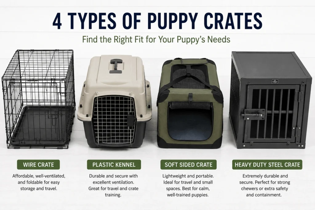 Comparison of 4 best puppy crate types including wire plastic soft sided and heavy duty options