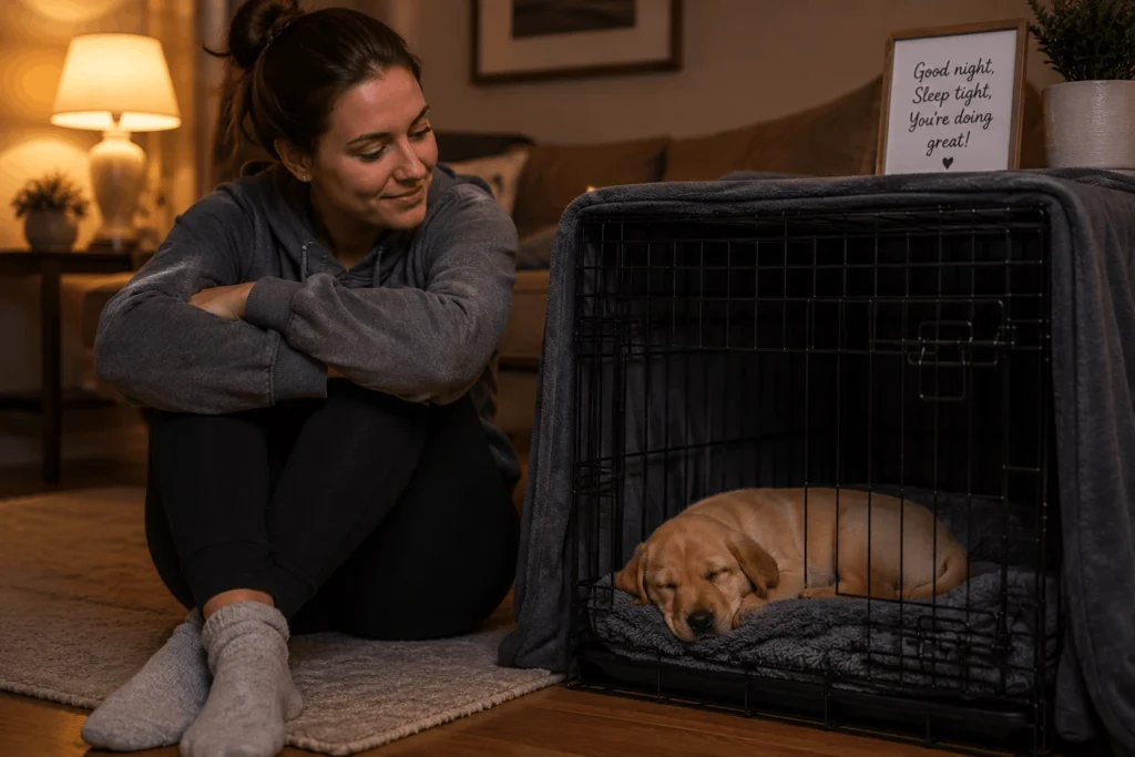 Puppy sleeping quietly in crate at night after successful crate training routine