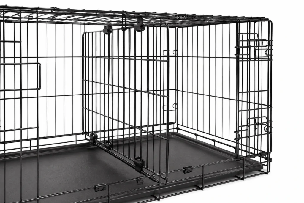 Wire puppy crate with adjustable divider panel showing correct sizing for potty training