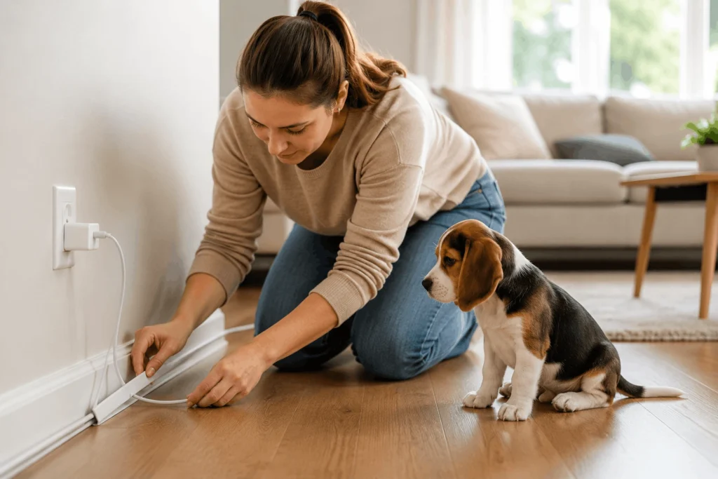 New puppy owner puppy-proofing the home by securing electrical cords before bringing puppy home