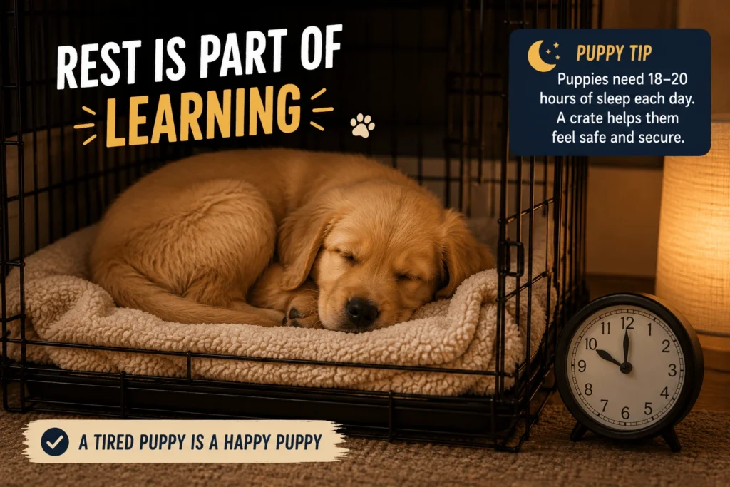 Puppy sleeping in crate at night during first week at home