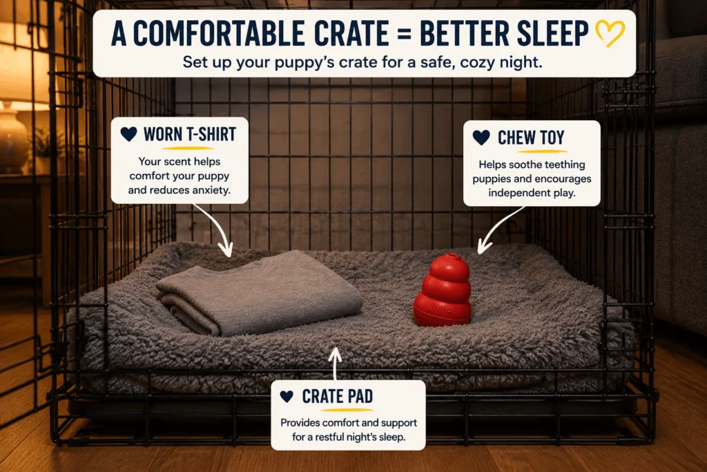 What to put in puppy crate at night crate pad t-shirt and chew toy setup