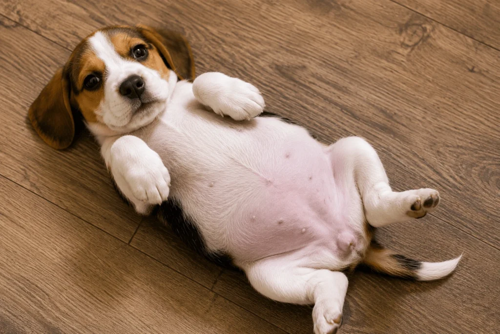 Young puppy with pot-bellied appearance, possible sign of intestinal parasites