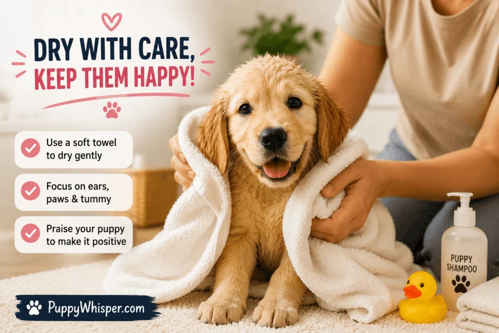 Drying a puppy with towel after bath puppy grooming routine