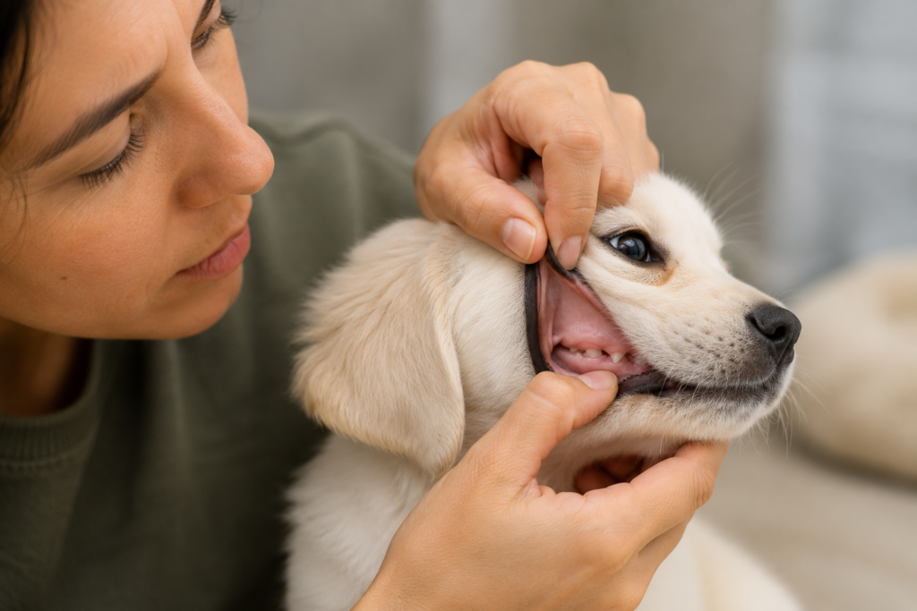 Owner checking puppy gum color for signs of dehydration during diarrhea