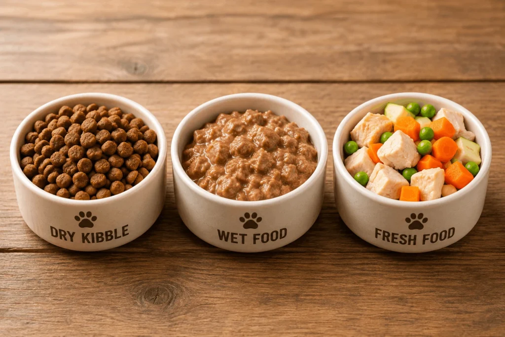 Comparison of dry kibble wet food and fresh food as best options for puppies