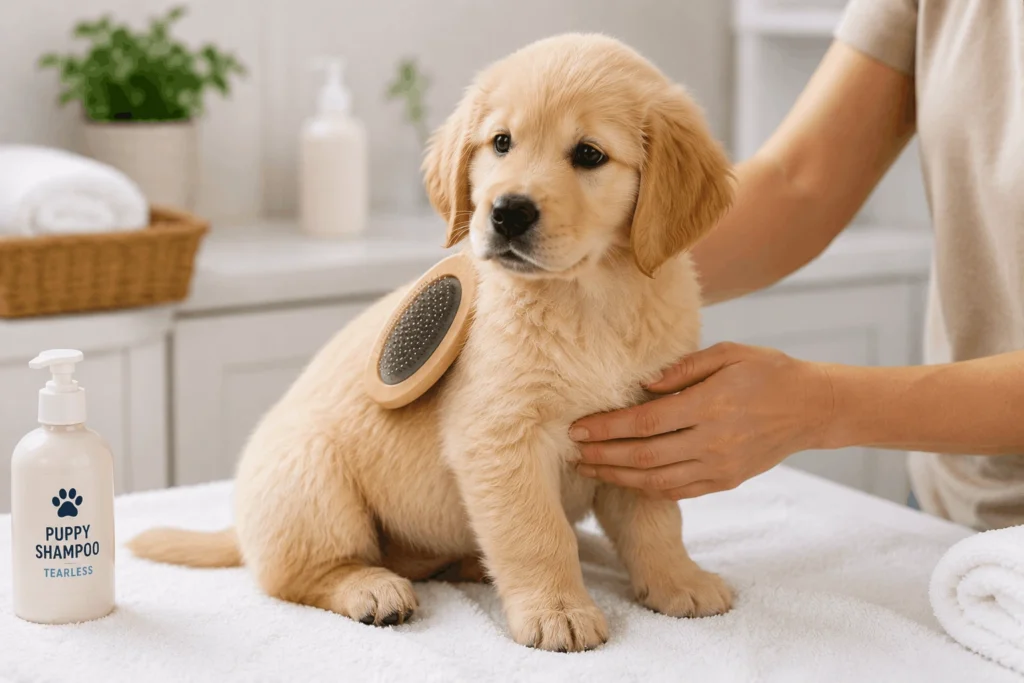 Brushing puppy coat before bath to prevent matting grooming tips