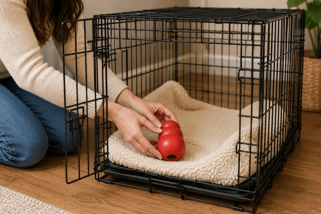 Setting up best puppy crate with blanket and toy for positive crate training introduction