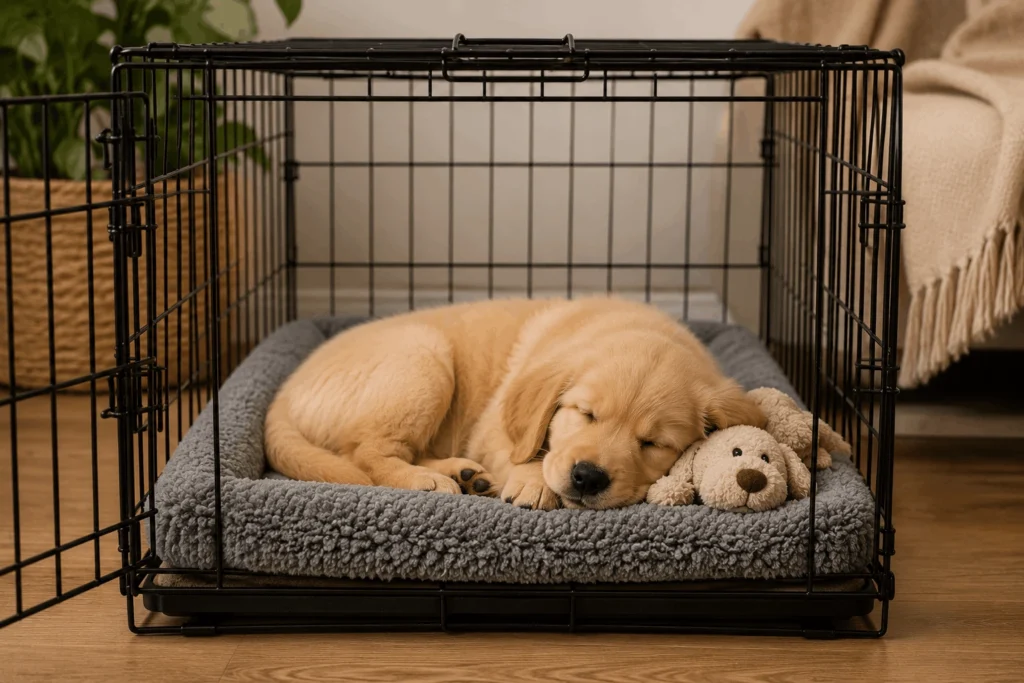 New puppy sleeping inside a properly set up wire crate with soft bedding and a comfort toy