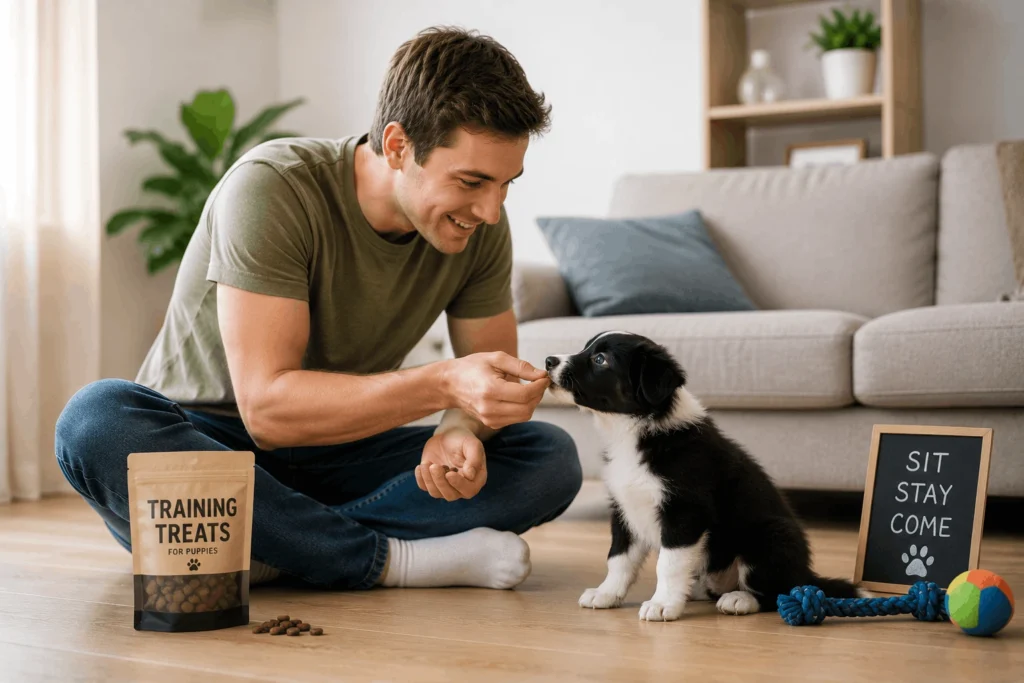 New puppy owner hand-feeding training treats during first week positive reinforcement training session