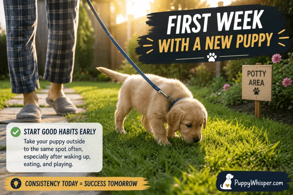 First Week With a New Puppy. Puppy being taken outside for potty training during the first week