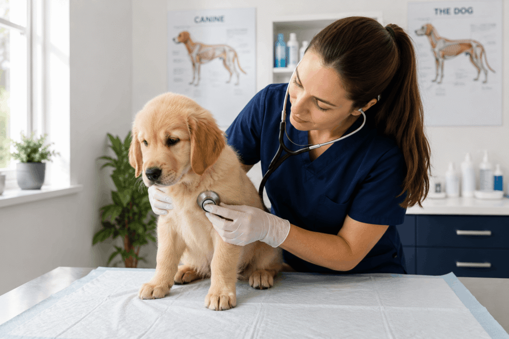 Veterinarian examining a puppy experiencing vomiting symptoms.