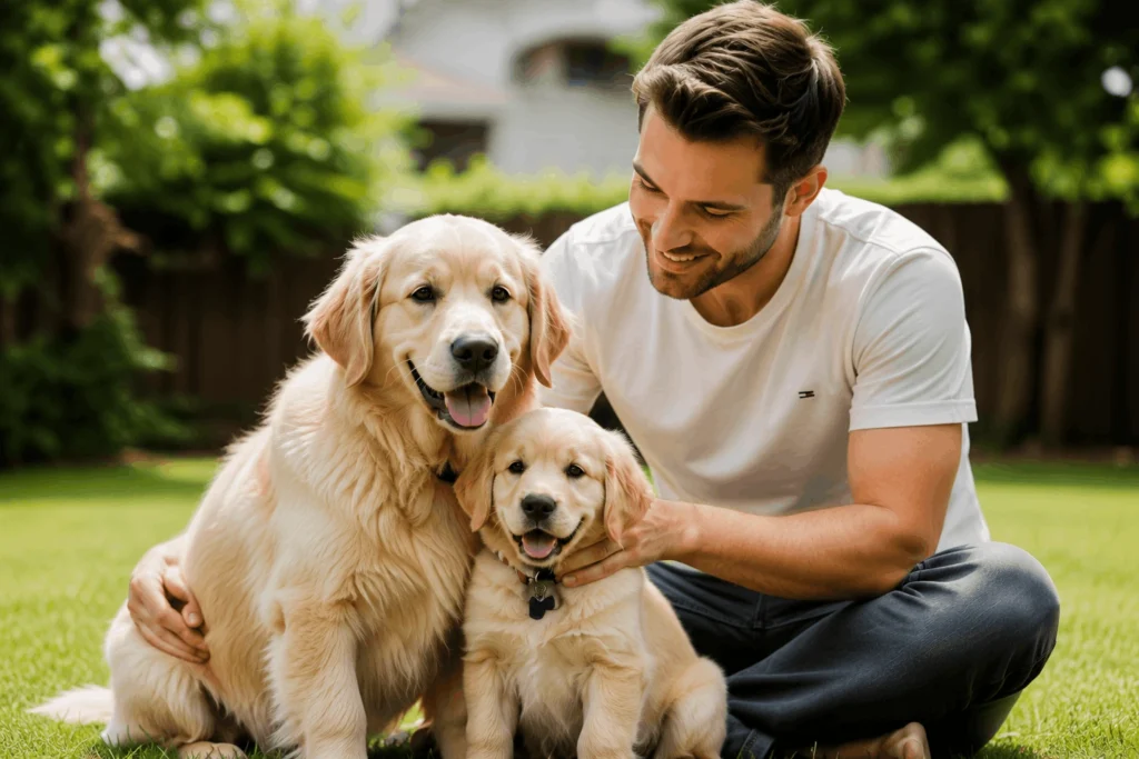 Man sitting outdoors with golden retriever dogs in a garden, showing love and care for happy family puppies