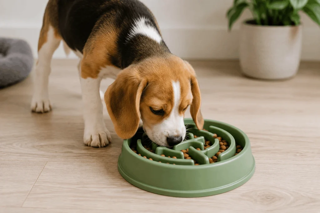 puppy eating from a slow feeder bowl to prevent bloating and fast eating