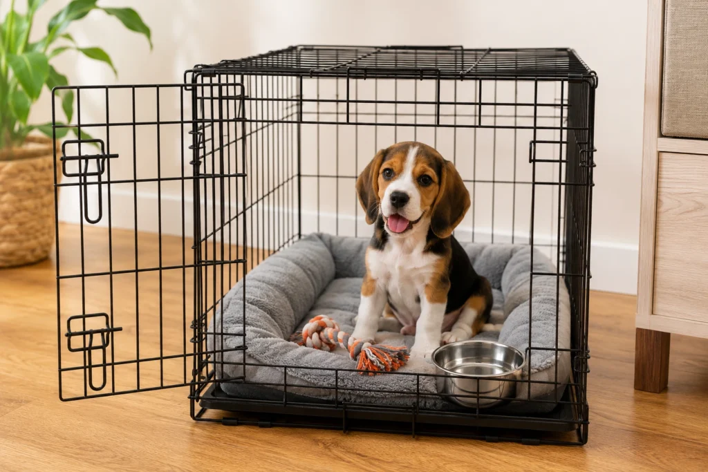safe puppy crate setup with bed water bowl and chew toy for new puppy