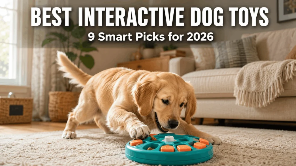 Best Interactive Dog Toys Golden retriever puppy playing with interactive treat dispensing puzzle toy