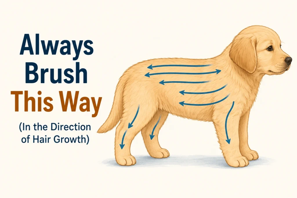 Diagram showing the correct brushing direction for puppy grooming