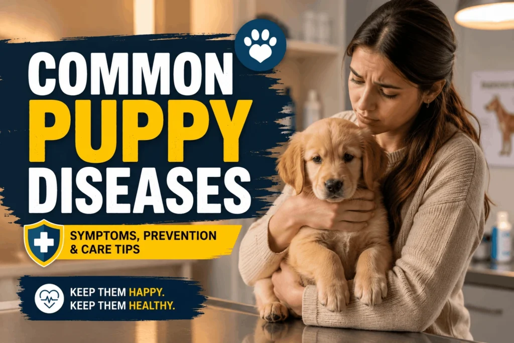 puppy owner at vet for common puppy diseases checkup