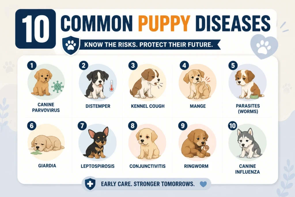 infographic showing 10 most common puppy diseases and health problems