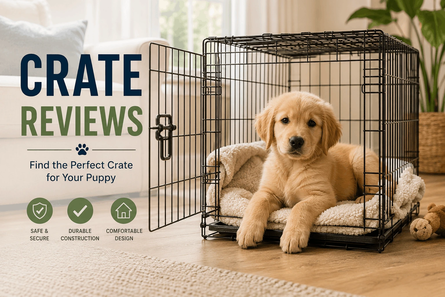 Best puppy crates setup with golden retriever puppy resting comfortably inside wire crate