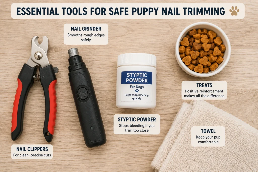 Puppy nail trimming tools including clippers, grinder, and styptic powde