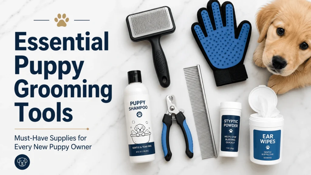 best puppy grooming tools laid out on white surface including brush nail clippers and comb