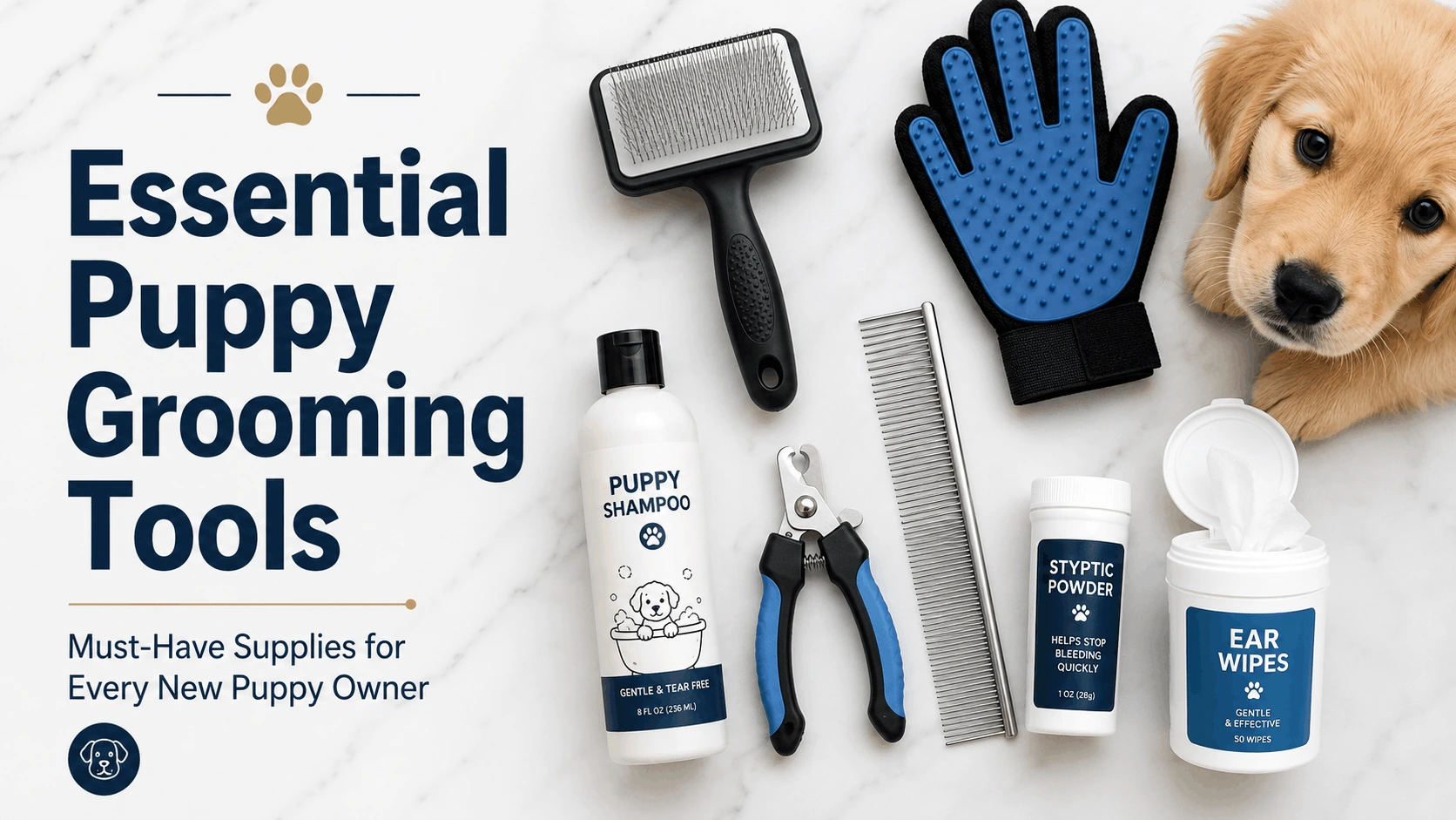 best puppy grooming tools laid out on white surface including brush nail clippers and comb