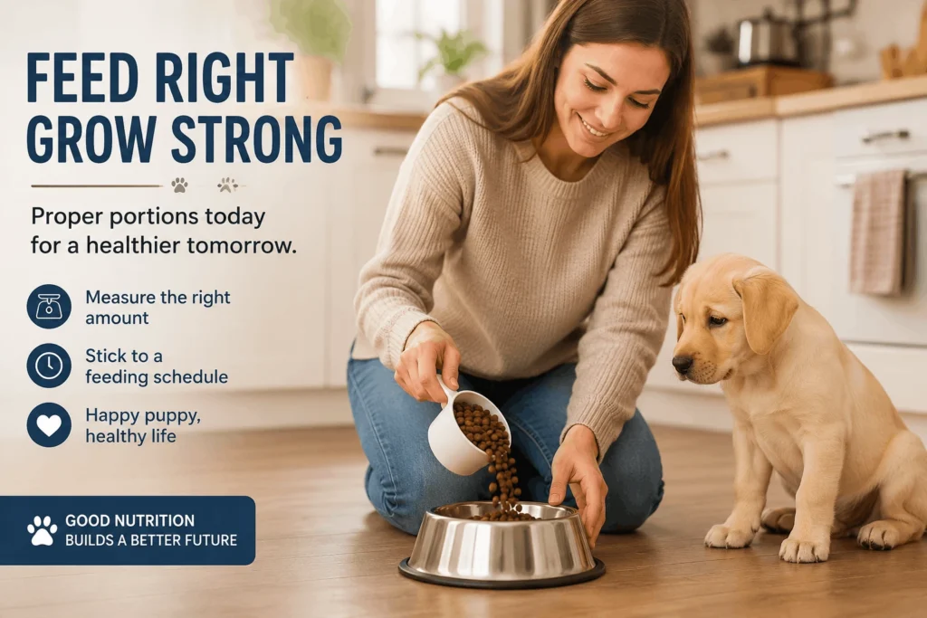 How Much Should a Puppy Eat Puppy owner measuring correct food portion into stainless steel bowl following puppy feeding chart by age and weight
