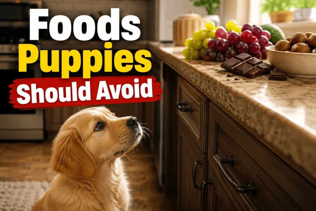 Foods Puppies Should Avoid:Puppy in kitchen near foods that are toxic and out of reach