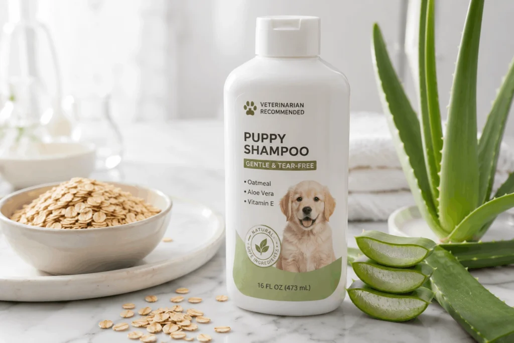 Close-up of puppy shampoo with oatmeal and aloe vera ingredients displayed on a clean white background.