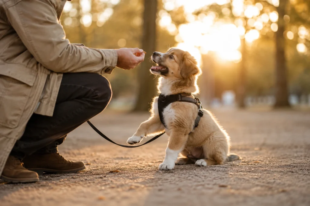 Owner rewarding puppy with a treat during leash training