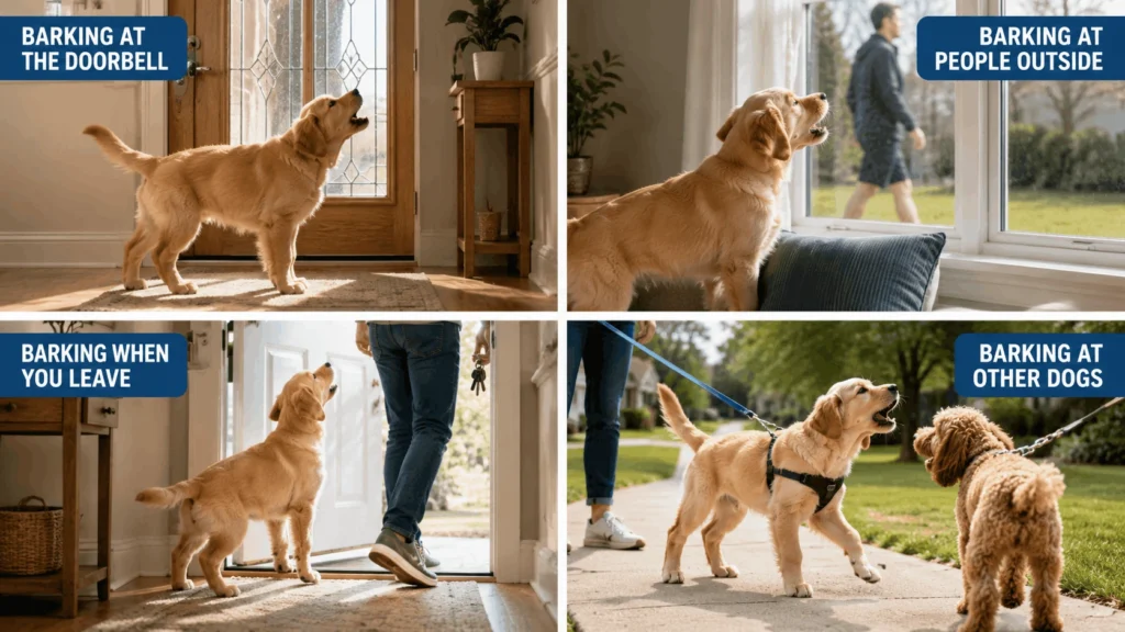 Common puppy barking triggers including strangers noises and separation