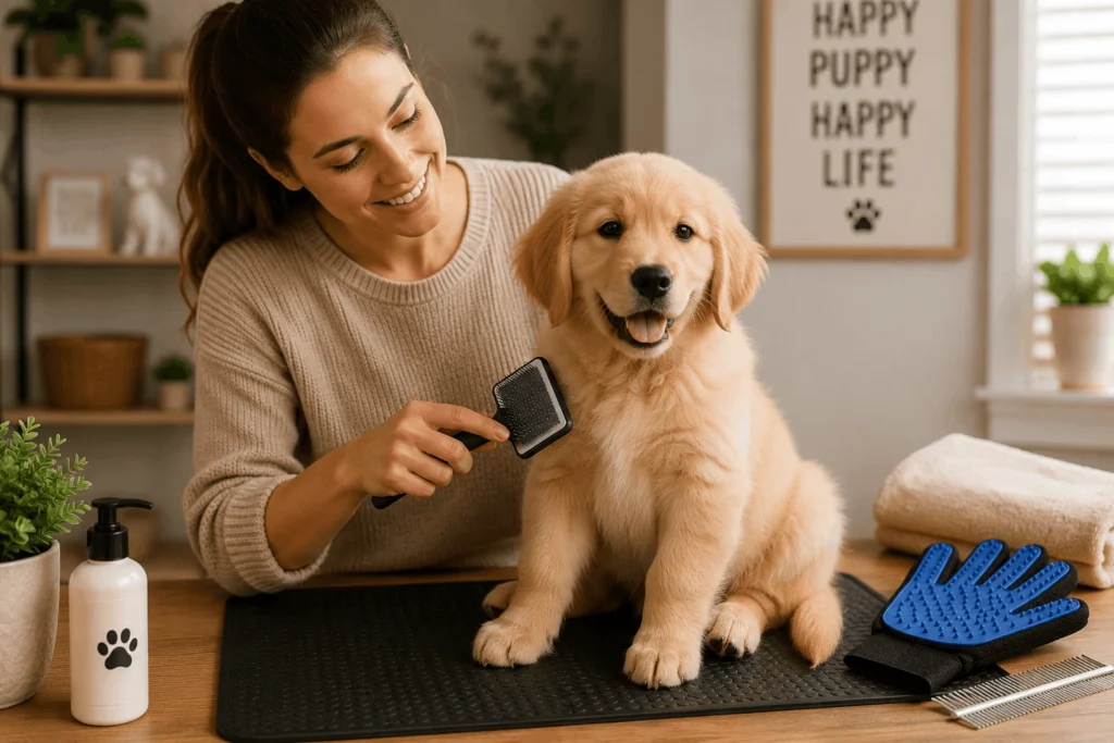 owner using slicker brush to groom golden retriever puppy at home