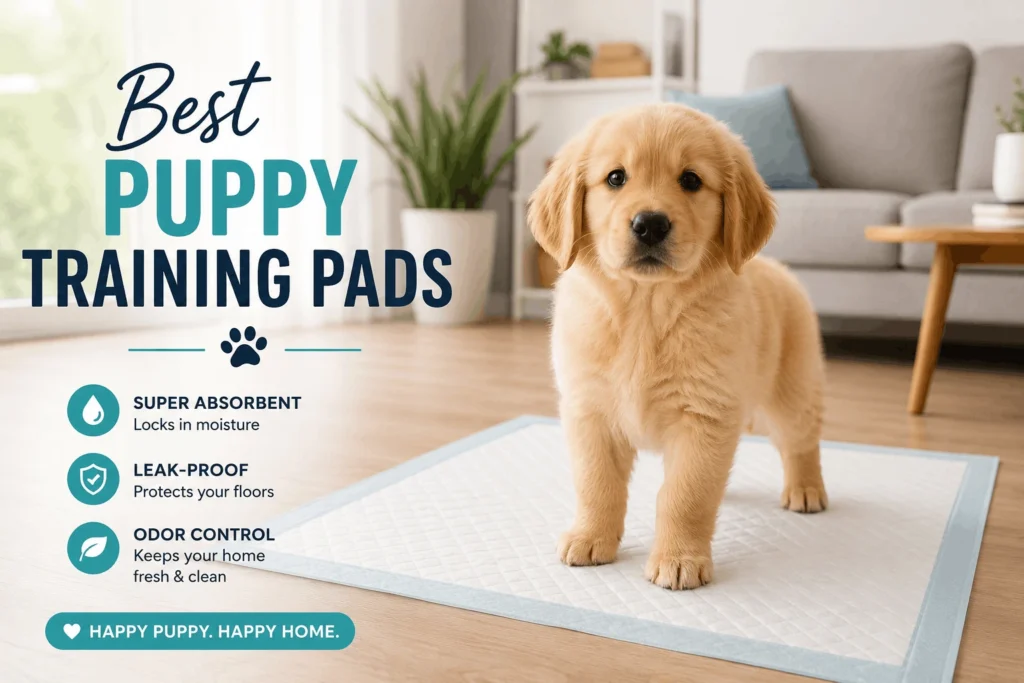 Small golden retriever puppy using a white puppy training pad on a wood floor during indoor potty training. Best Puppy Training Pads: 7 Trusted Picks That Actually Work