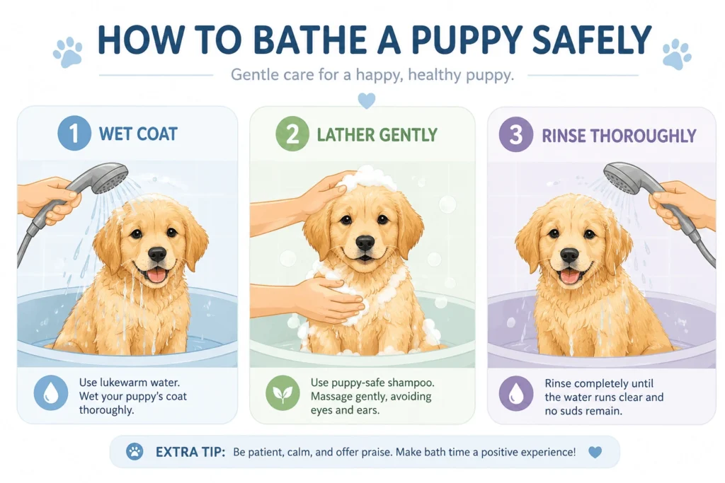 Step-by-step illustration showing how to bathe a puppy safely by wetting the coat, applying shampoo, and rinsing thoroughly.