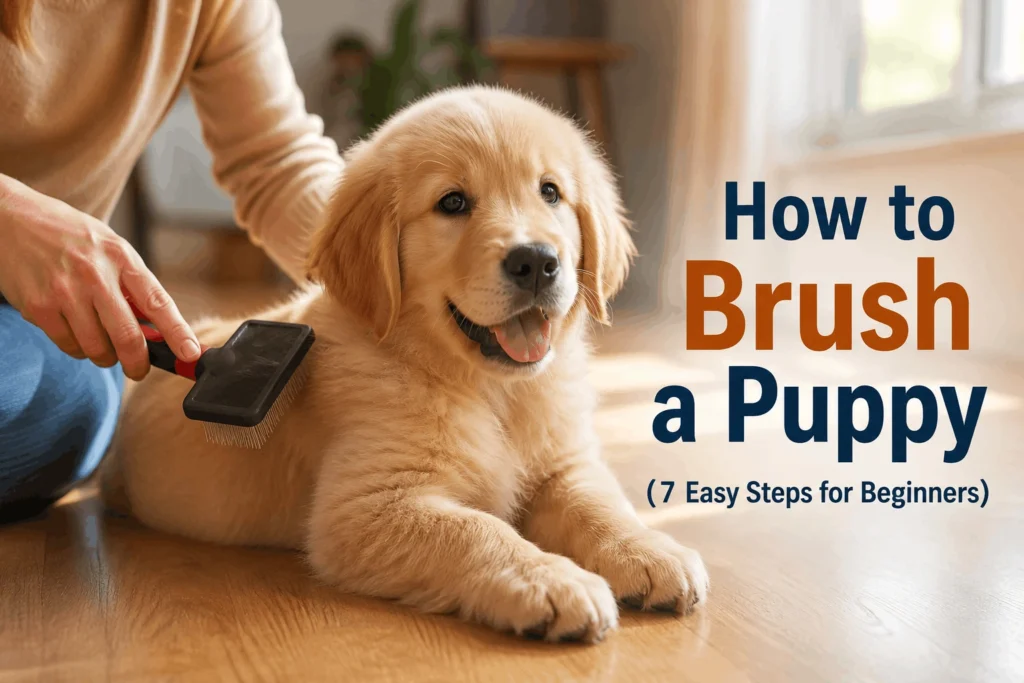 How to brush a puppy safely Person brushing a puppy's coat with a slicker brush at home