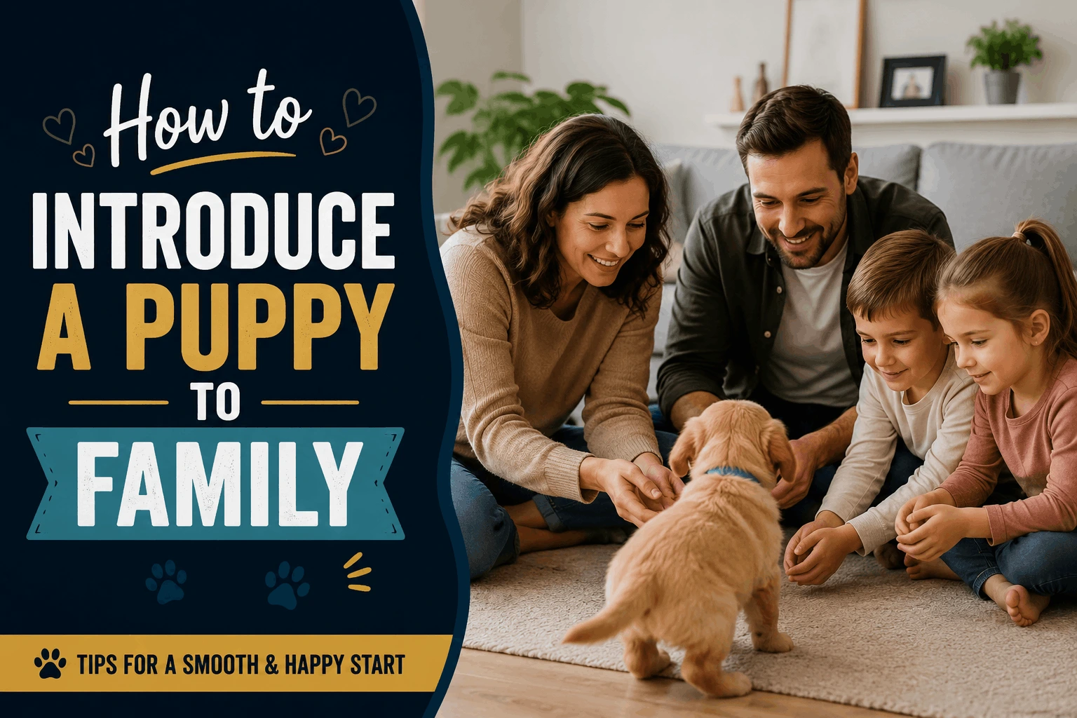 How to introduce a puppy to family.Family calmly introducing themselves to a new puppy at home