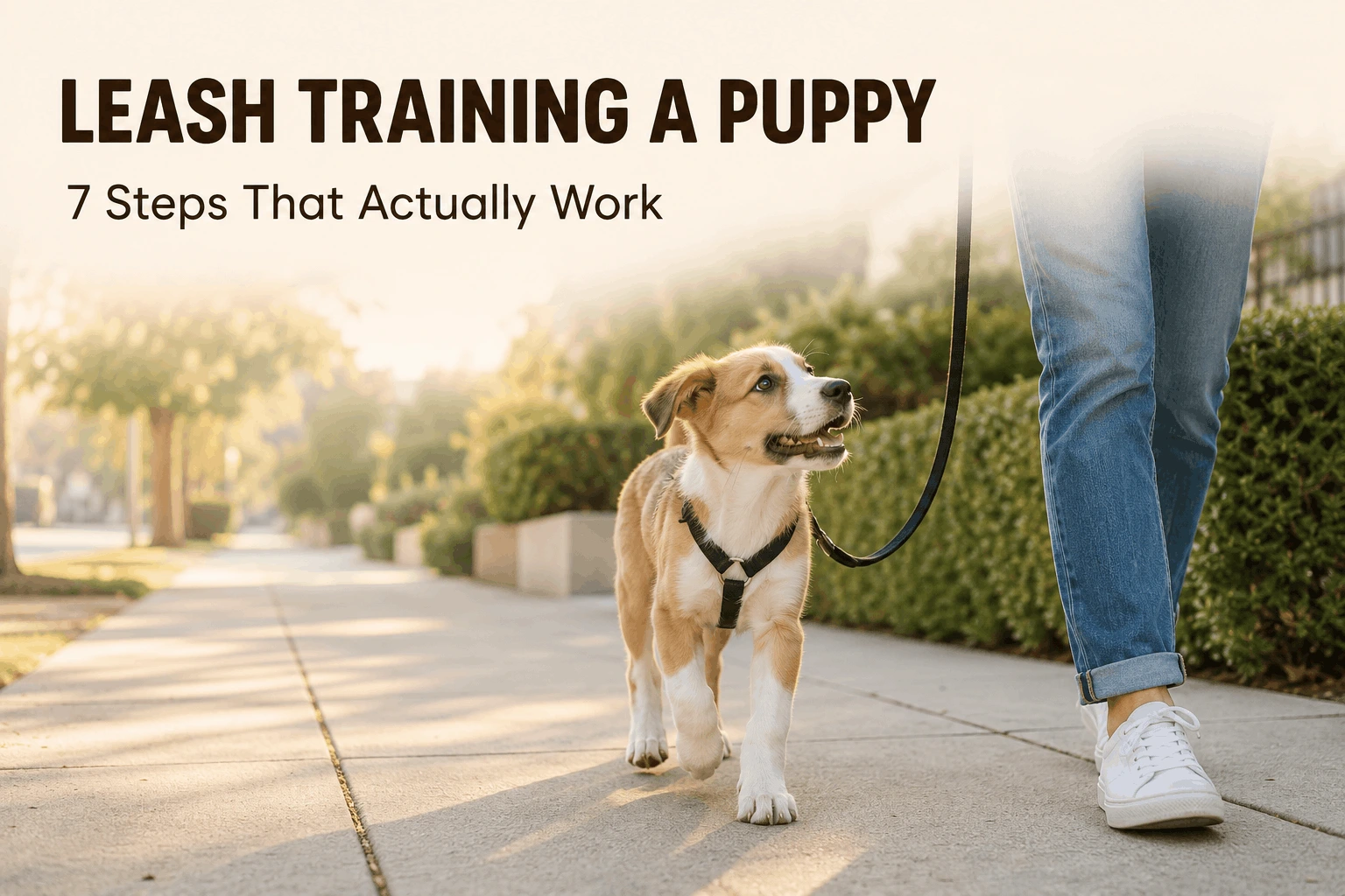 Puppy wearing a front-clip harness walking calmly during Leash Training a Puppy