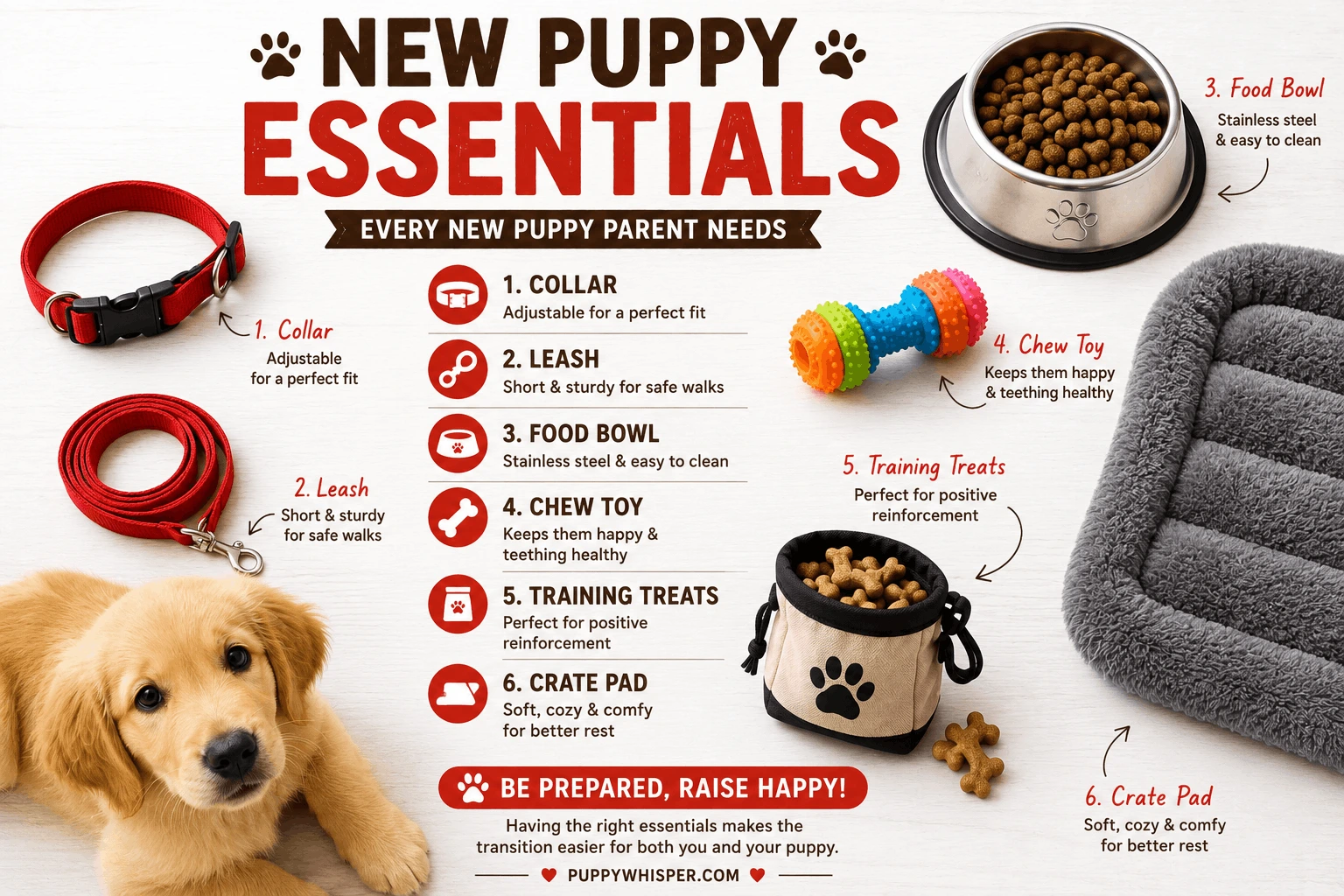 Complete new puppy checklist supplies including collar, leash, bowl, toys, and crate pad arranged as a flat lay