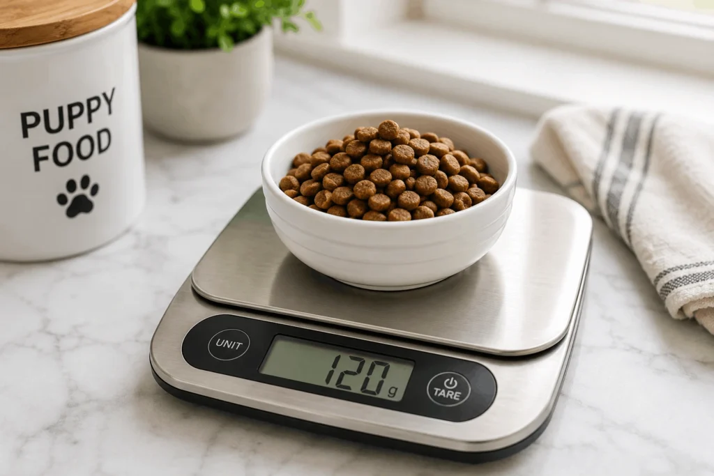 weighing puppy food portions on a kitchen scale for accurate feeding amounts