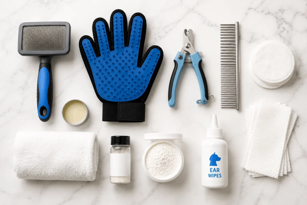 best puppy grooming tools laid out on white surface including brush nail clippers and comb