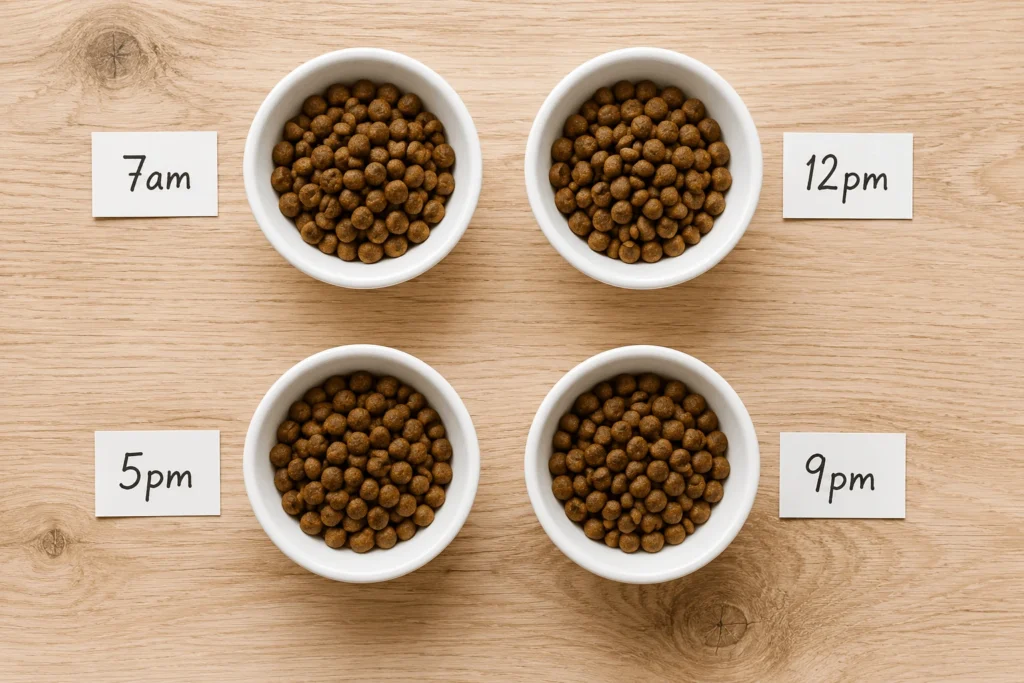 Four measured puppy meal portions in small bowls showing daily puppy feeding schedule by meal time