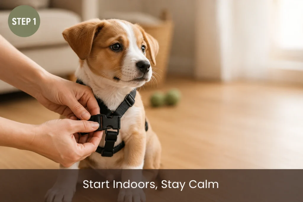 Fitting a harness on a puppy indoors before leash training