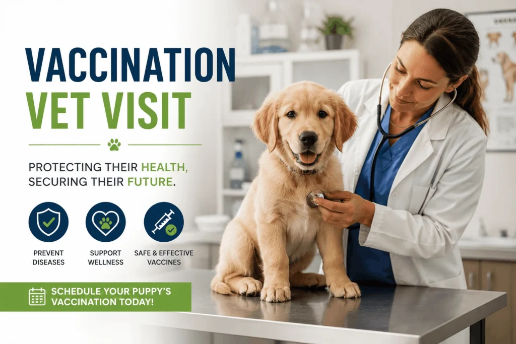 Puppy Vaccination Schedule, Puppy receiving a checkup during a vaccination vet visit
