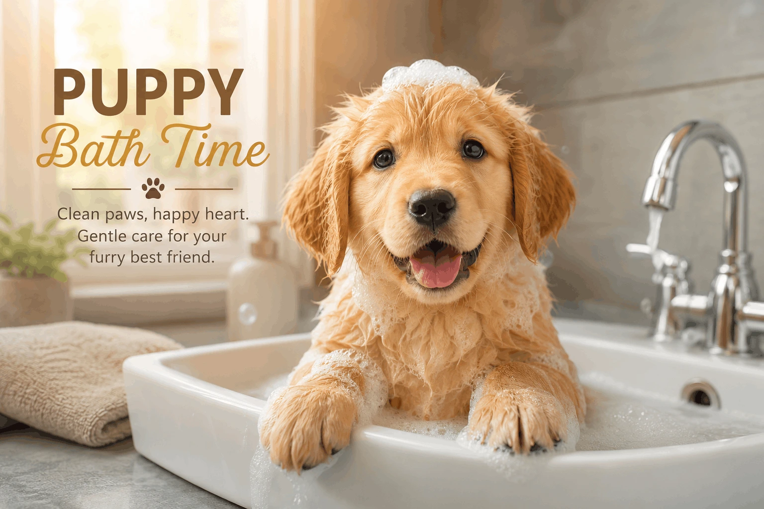 Golden retriever puppy being bathed with gentle tear-free best puppy shampoo in a bathroom sink.