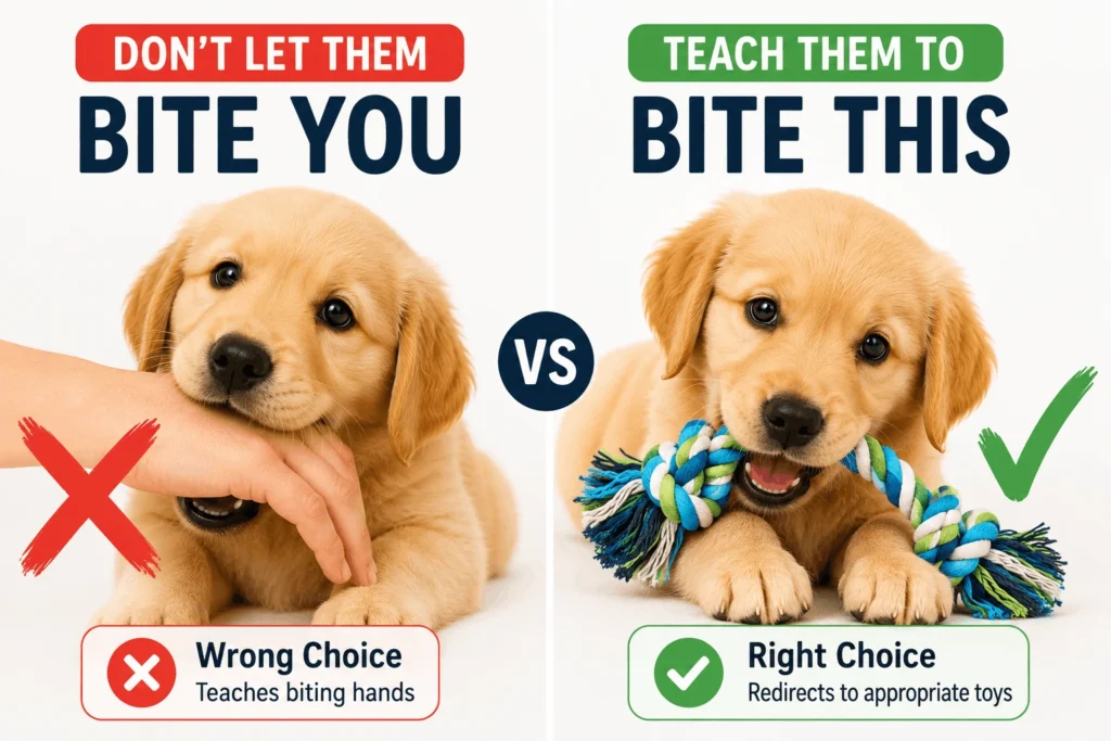 redirect puppy from biting hands to appropriate chew toy