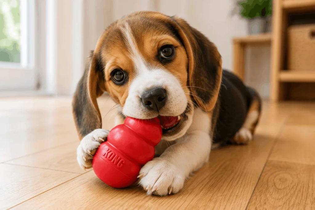 beagle puppy chewing Kong toy to relieve teething discomfort