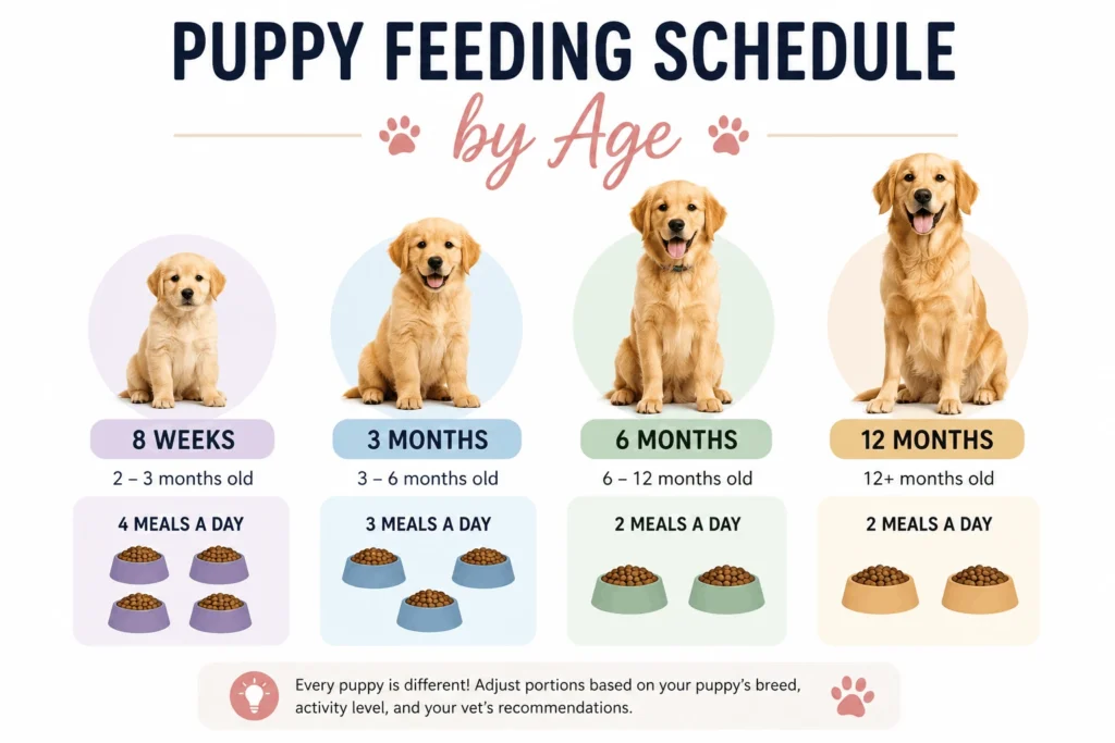 puppy feeding schedule by age chart showing meal frequency from 8 weeks to 12 months