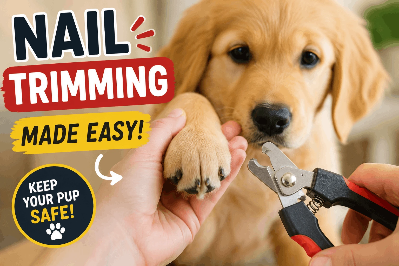 Puppy nail trimming tips showing paw being held gently before clipping