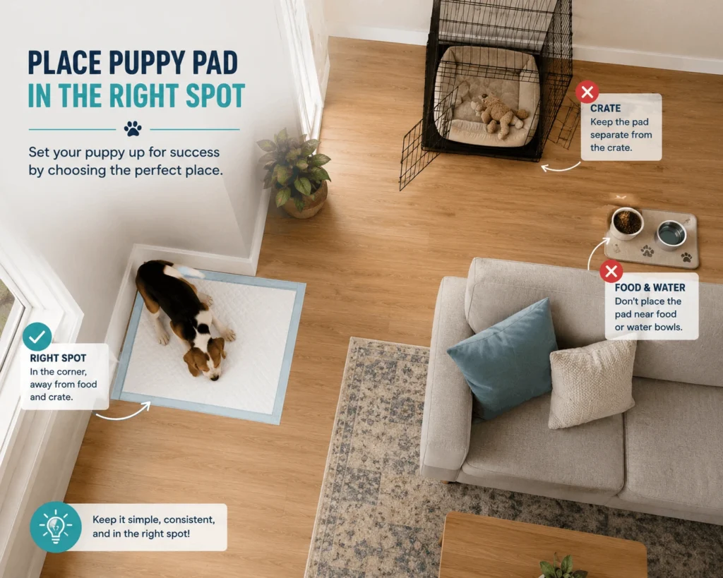 Puppy sniffing a training pad correctly placed in the corner of a room away from the crate for effective potty training